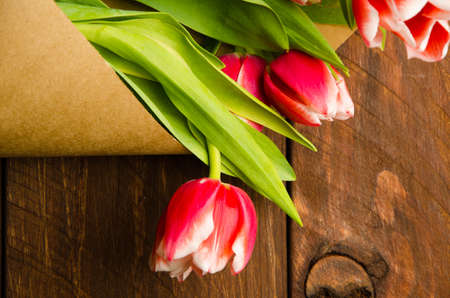 red white tulips on wooden boards. Bouquet of tulips in kraft paperの写真素材