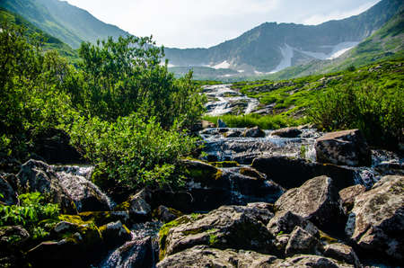 fast mountain waterfall with clear spring water. beautiful view.