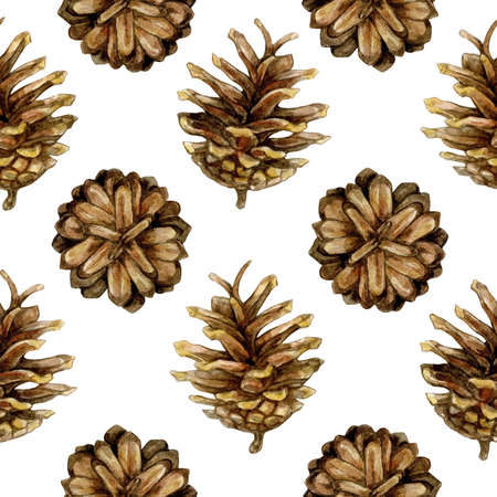 Seamless pattern with pine cones. Watercolor illustration isolated on white background.