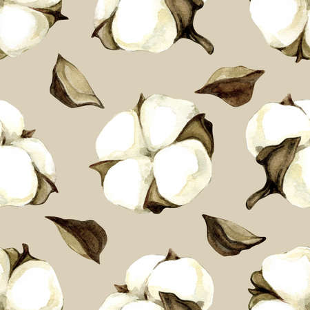 Seamless pattern with cotton. Watercolor illustration isolated on white background. Natural collection of hand drawn illustrations. Can be used in wrapping paper, postcards, textiles.の写真素材