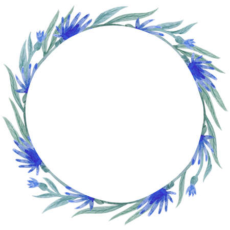 Watercolor frame with blue flowers and leaves isolated on white background.の写真素材