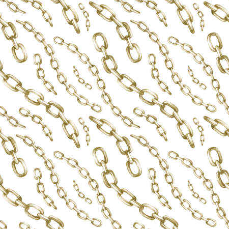 Watercolor seamless pattern with vintage gold chains on white background. Collection of hand drawn illustrations. Can be used in cards, posters, wrapping paper.の写真素材