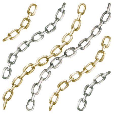 Watercolor illustrations of vintage gold and silver chains isolated on white background. Collection...