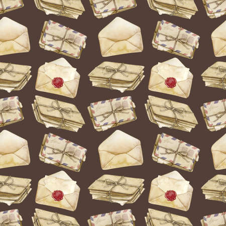 Watercolor seamless pattern with vintage envelopes and letters on brown background. Collection of hand drawn illustrations. Can be used in cards, posters, wrapping paper.の写真素材