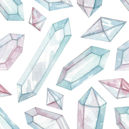 Watercolor seamless pattern with a delicate pink-blue crystals. isolated on white background. Magic hand drawn collection. Can be used in stickers, scrapbooking and packaging.の写真素材