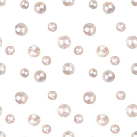 Watercolor seamless pattern with vintage pearls isolated on white background. Marine collection of hand drawn sea shells. Can be used in stickers, textiles, scrapbooking and wrapping paper.の写真素材