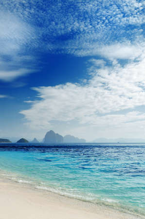 Tropical white sand beach and blue sky.の写真素材
