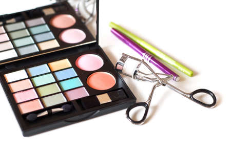 eyeshadow and tools on white backgroundの写真素材