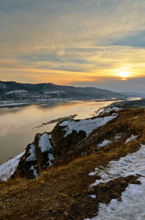 Winter landscape. Mountains and river.の写真素材