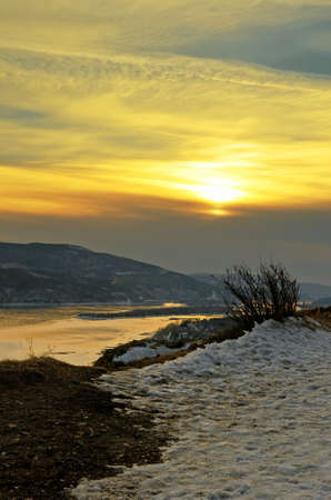 Winter landscape. Mountains and river.の写真素材