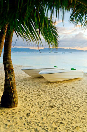 Sunset  landscape. Boats on the coast of Boracay island, Philippines.の写真素材