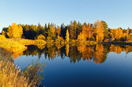 Lake in sunset rays. Fall landscape.の写真素材