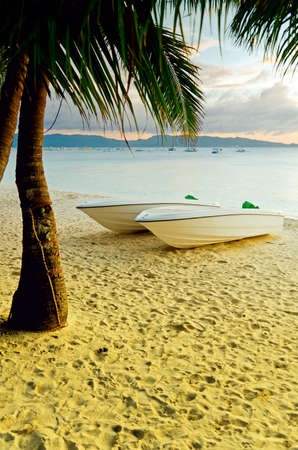 Sunset  landscape. Boats on the coast of Boracay island, Philippines.の写真素材