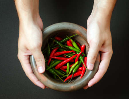 Red and green pepper in mortar.の写真素材