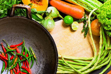 Preparation to asian traditional cooking. Wok and vegetables.