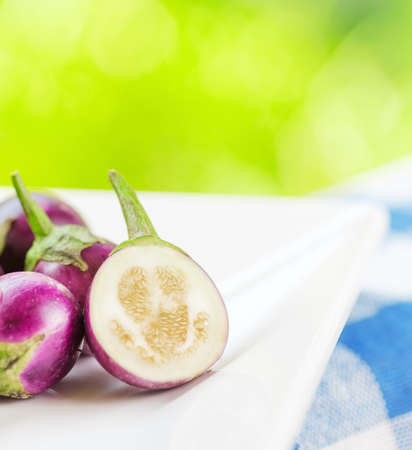 Purple eggplants on nature background の写真素材