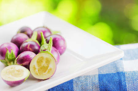 Purple eggplants on nature background.の写真素材