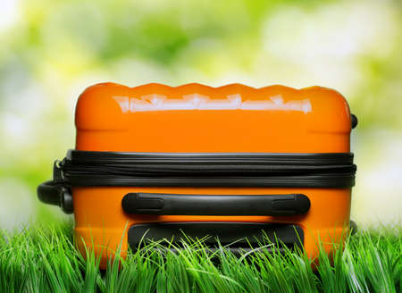 Orange suitcase in green grass on natural background.の写真素材