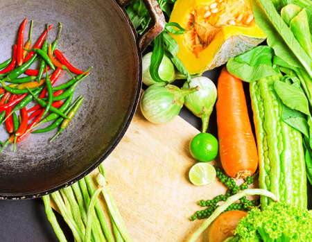 Preparation to asian traditional cooking. Wok and vegetables.の写真素材