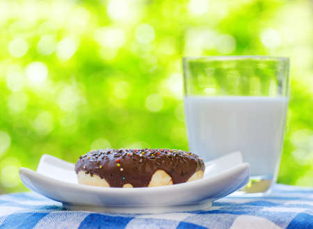 Fresh donut and glass of milk on nature background.の写真素材