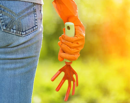 Woman in orange gloves working in the garden.の写真素材
