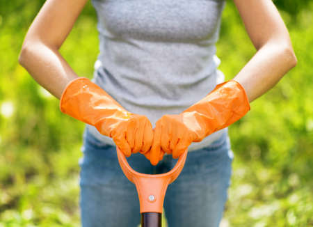 Woman in orange gloves working in the garden.の写真素材