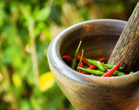 Red and green pepper in a stone mortar.の写真素材