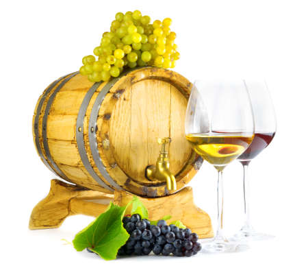 Red and white wine on white background.