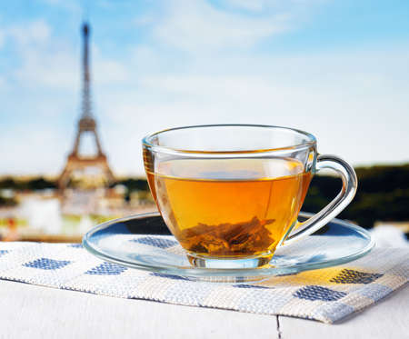 Cup of tea in street cafe in Paris, France.の写真素材