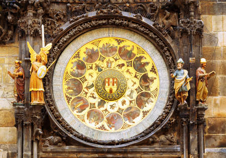 Calendar dial with medallions representing the months on the Prague astronomical clock (Prague orloj) at the Old Town Square in Prague, Czech Republic.の写真素材