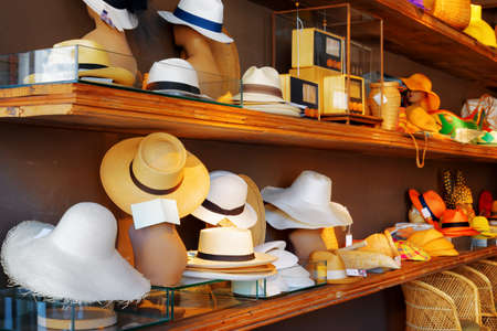 A wide range of hats in shop.の写真素材
