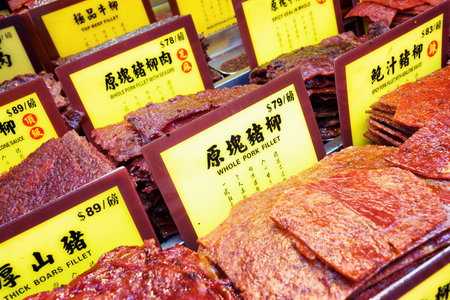 Pork delicacies in traditional Chinese-style to trading in the historic centre of Macau. Macau is a popular tourist attraction of Asia in the holidays.のeditorial素材