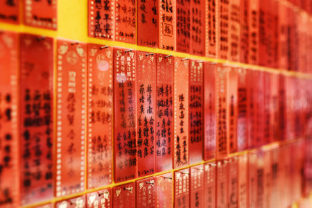 Side view on red plates with inscriptions on the temple wall of the Ten Thousand Buddhas Monastery in Hong Kong. Hong Kong is popular tourist destination of Asia.のeditorial素材