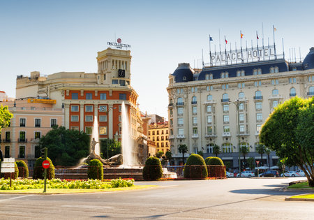 MADRID, SPAIN - AUGUST 20, 2014: View of Fuente de Neptuno (Neptune Fountain) on Plaza Canovas del Castillo in Madrid, Spain. Madrid is a popular tourist destination of Europe.のeditorial素材