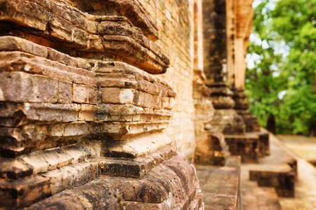 Detail of Prasat Kravan temple in mysterious Angkor. Siem Reap, Cambodia. Closeup view of ancient brickwork. Angkor is a popular tourist attraction.のeditorial素材
