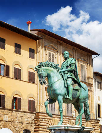 Bronze equestrian statue of Cosimo I de Medici the Grand Duke of Tuscany on the Piazza della Signoria in Florence, Tuscany, Italy. Florence is a popular tourist destination of Europe.の写真素材