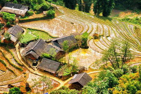 Top view of rice terraces filled with water and village at highlands of Sapa District, Lao Cai Province, Vietnam. Sa Pa is a popular tourist destination of Asia.の写真素材