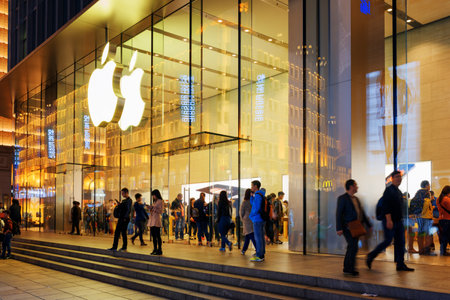 SHANGHAI, CHINA - OCTOBER 30, 2015: Night view of the Apple Retail Store on Nanjing Road Pedestrian...