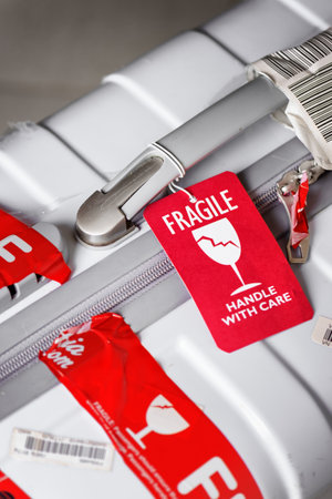 Nha Trang, Vietnam - August 16, 2016: Closeup view of bright red luggage tag (Fragile, Handle with care) attached to white plastic suitcase at airport.のeditorial素材
