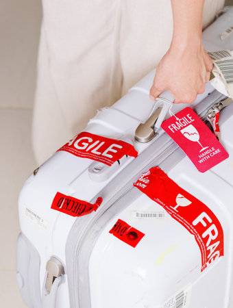 Nha Trang, Vietnam - August 16, 2016: Man holding suitcase in hand at airport of Cam Ranh. Red luggage tag (Fragile, Handle with care) attached to white plastic suitcase.のeditorial素材