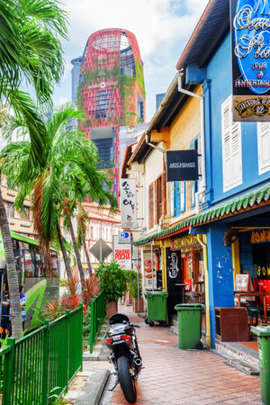 Singapore - February 17, 2017: Cozy street with colorful colonial buildings at Duxton Hill. Scenic shophouses of downtown on skyscrapers background. Singapore is a popular tourist destination of Asia.のeditorial素材