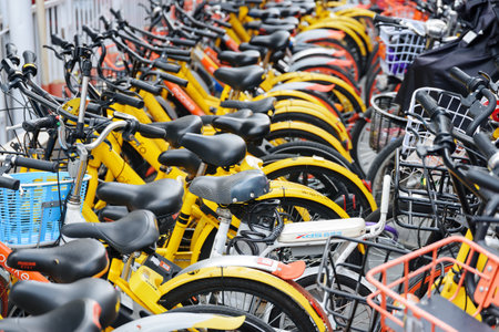 Shenzhen, China - September 15, 2017: Rows of bright yellow public rental bikes on a street. Mobike and Ofo are popular platforms of bicycle-sharing system in China. Parked vehicles.のeditorial素材
