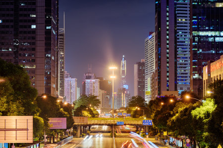 Shenzhen, China - September 14, 2017: Night view of Shennan East Road. Ping An International Finance Centre is visible in background. Shenzhen is the headquarters for China's High-tech companies.のeditorial素材