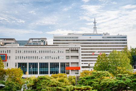 Seoul, South Korea - October 14, 2017: Building of the Ministry of National Defense of the Republic of Korea at right side. The department of the government responsible for military branches.のeditorial素材