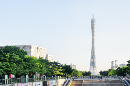 Guangzhou, China - September 16, 2017: Wonderful view of the Canton Tower (Guangzhou TV, Astronomical and Sightseeing Tower) on blue sky background. The Canton Tower is a landmark tower of Guangzhou.のeditorial素材