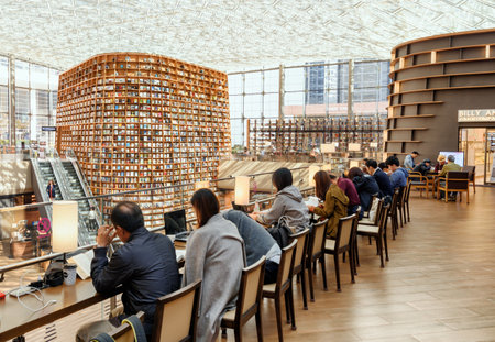 Seoul, South Korea - October 14, 2017: Amazing view of huge bookshelves and the Starfield Library reading area. The public library is a popular destination among tourists and citizens of Seoul.のeditorial素材