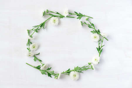 Scenic wreath of white flowers on white wooden background. Round frame of chrysanthemums. Top view of flower pattern. Wonderful spring composition. Flat lay of flowers.の写真素材