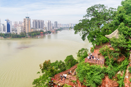 Leshan, China - September 28, 2017: Amazing view of the city and the confluence of the Min River (Min Jiang) and Dadu River from the Leshan Giant Buddha Scenic Area.のeditorial素材