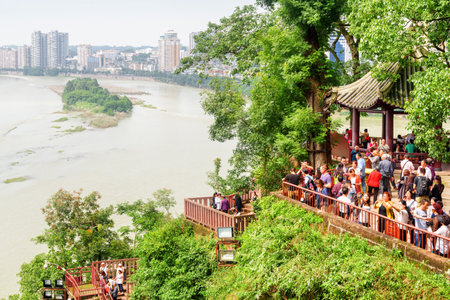 Leshan, China - September 28, 2017: Wonderful view of the city and the confluence of the Min River (Min Jiang) and Dadu River from the Leshan Giant Buddha Scenic Area.のeditorial素材