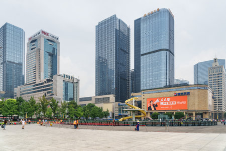 Chengdu, China - September 25, 2017: Tianfu Square and modern high-rise buildings in center of Chengdu. Tianfu Square is a popular tourist attraction of Asia.のeditorial素材